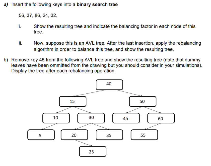  a) Insert the following keys into a binary search tree 56,