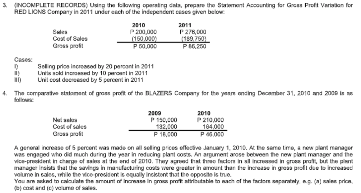 3. Using the following operating data, prepare the Statement Accounting for Gross