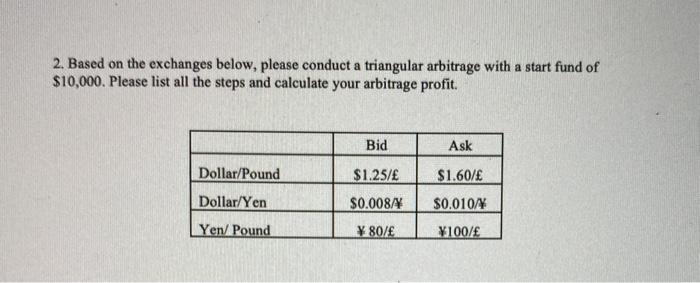  2. Based on the exchanges below, please conduct a triangular arbitrage