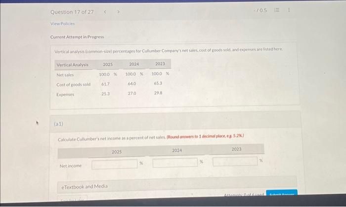 Current Attempt in Progress Vertical analysis (common-she) percentages for Cullumber Comparry's