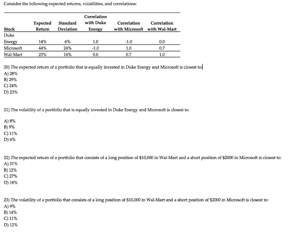  Consider the following expected returns, volatilities, and correlations: Correlation Expected Standard