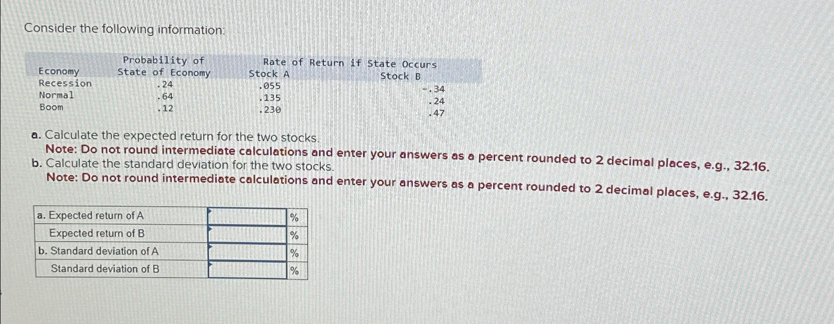  Consider the following information: \table[[,Probability of,Rate of Return if,State Occurs],[Economy,State of
