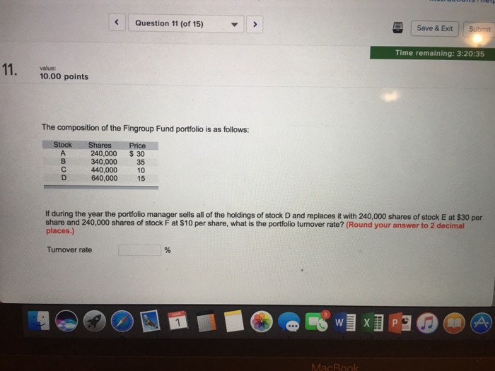  Question 11 (of 15) Save & Exit Submit Time remaining: 3:20:35