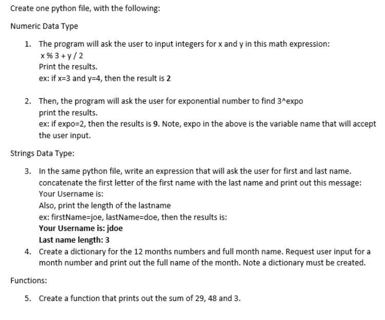  Create one python file, with the following: Numeric Data Type 1.