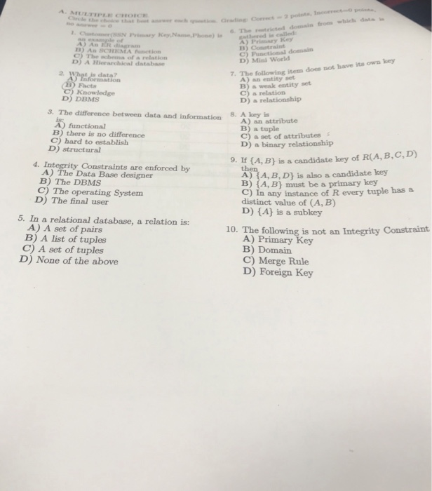  Grading Coece2 points, aw A) Primary Key D) Mini World A)