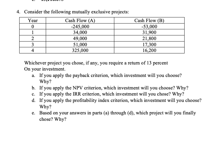  4. Consider the following mutually exclusive projects: Year Cash Flow (A)