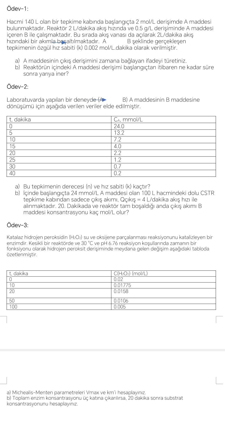  dev-1: Hacmi 140 L olan bir tepkime kabnda balangta 2 mol/L
