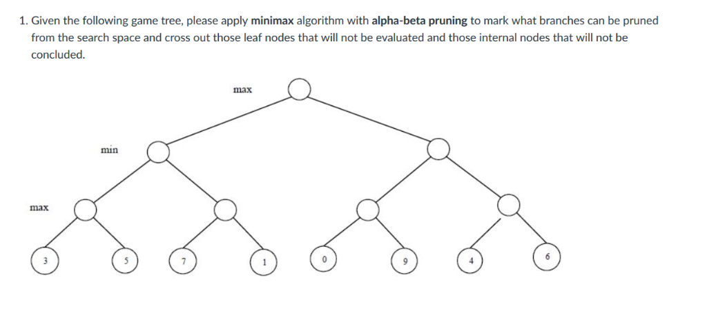  1. Given the following game tree, please apply minimax algorithm with