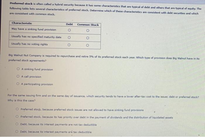  Preferred stock is often called a hybrid security because it has