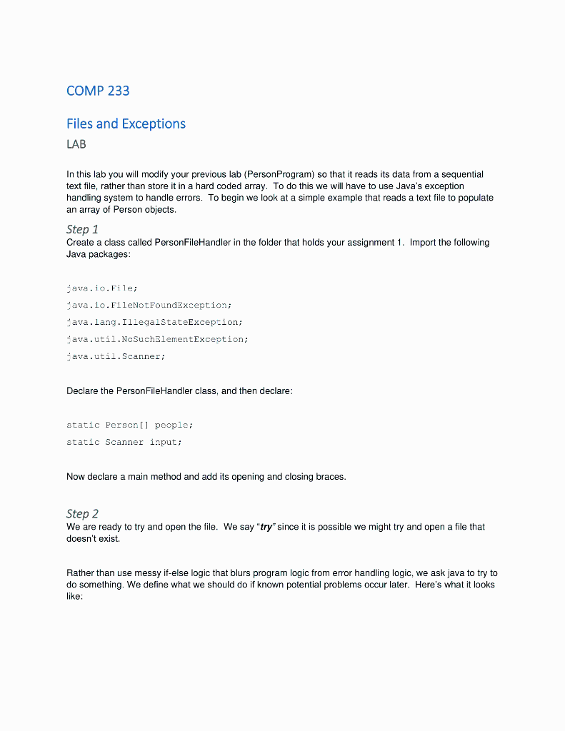  COMP 233 Files and Exceptions LAB In this lab you will