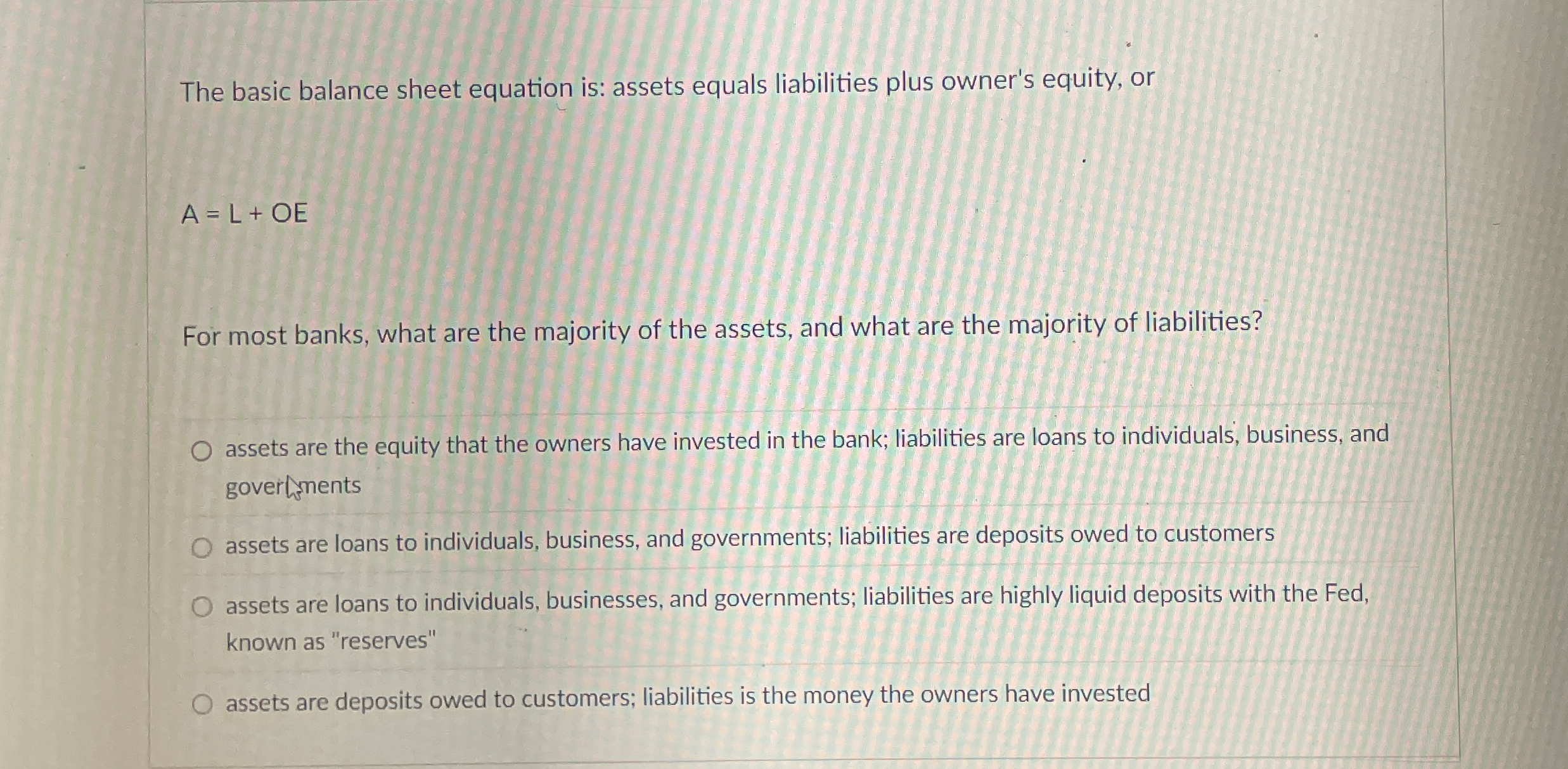  The basic balance sheet equation is: assets equals liabilities plus owner's