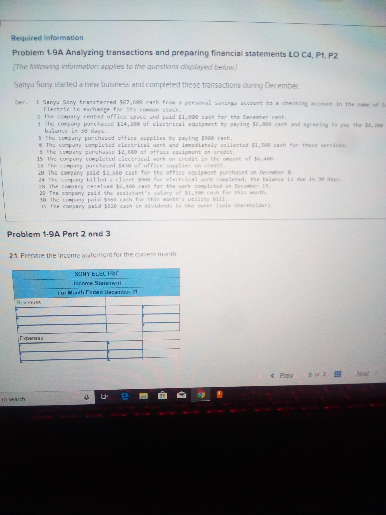  Required information Problem 1-9A Analyzing transactions and preparing financial statements LO