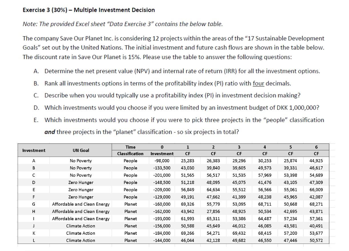 Exercise 3 (30%) - Multiple Investment Decision Note: The provided Excel