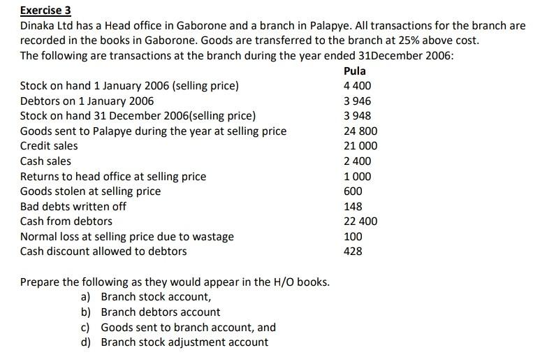 Branch 3 Exercise 3 Dinaka Ltd has a Head office in