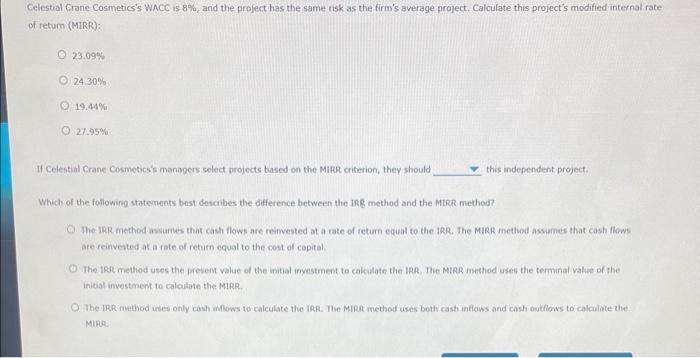 investment of $450,000. The project's expected cash flows are: Celestal Crane Cosmetics's