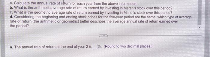 of return) Marsh Inc. had the following end-of-year stock prices over the