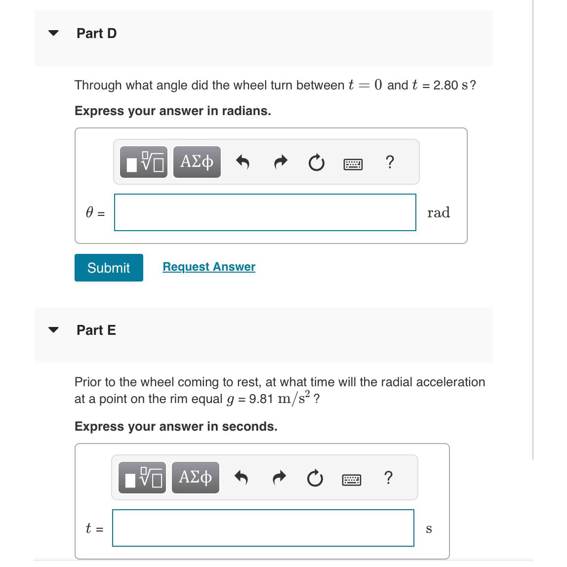  At a time t=2.80s, a point on the rim of a