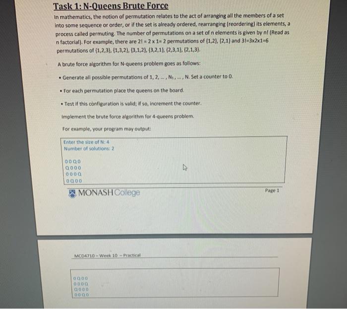 please use python language Task 1: N-Queens Brute Force In mathematics, the