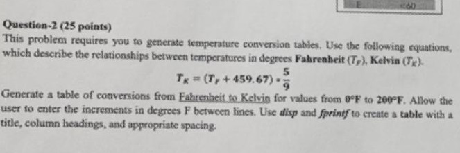  Question-2(25 points) This problem requires you to generate temperature conversion tables.