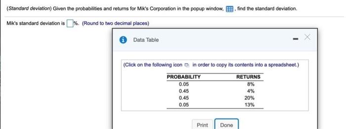  find the standard deviation (Standard deviation) Given the probabilities and returns