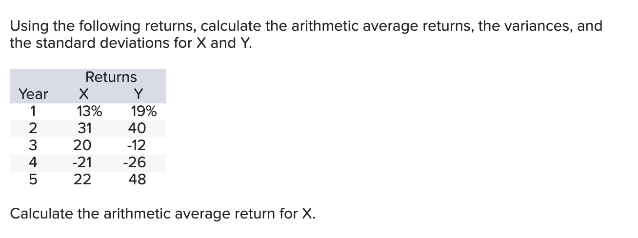 Calculate the arithmetic average return for X. Calculate the arithmetic average