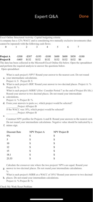 Please answer the e, f, g Expert Q&A Done Excel Online Structured