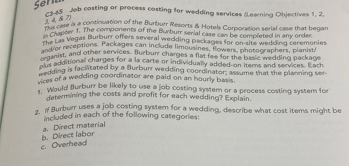  C3-65 Job costing or process costing for wedding services (Learning Objectives