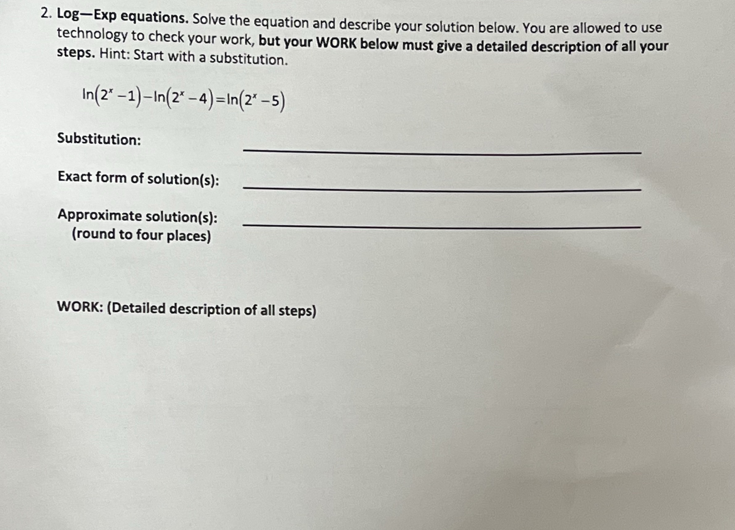 help with this please thanks 2. Log-Exp equations. Solve the equation and