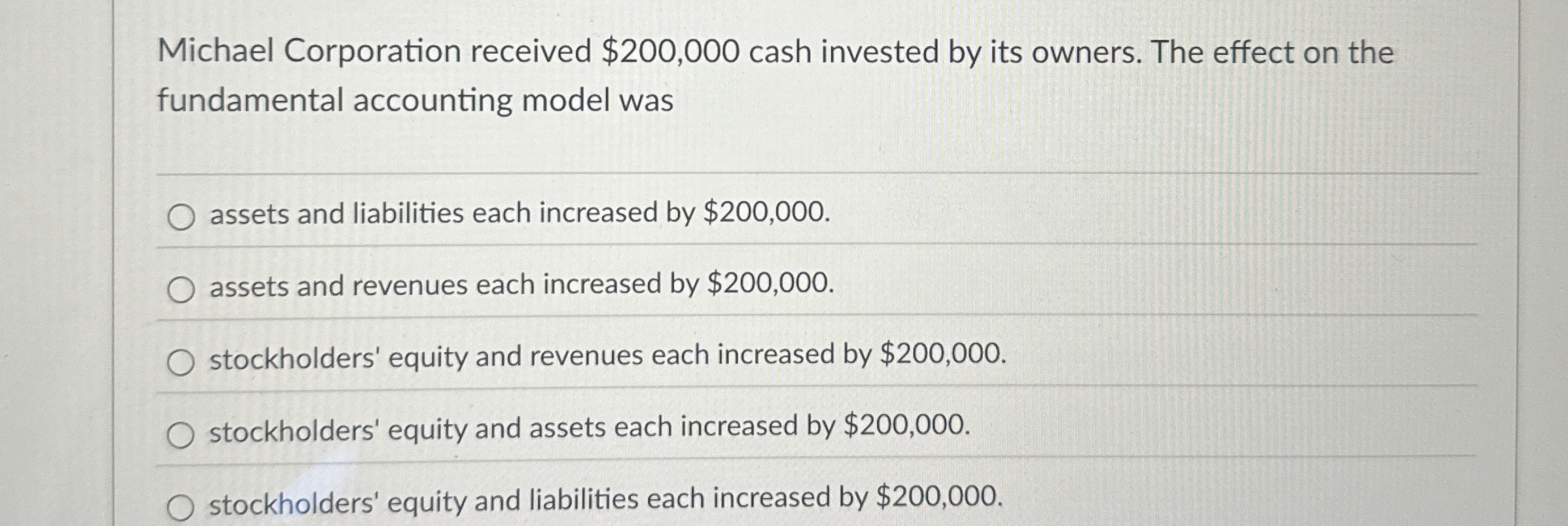  Michael Corporation received $200,000 cash invested by its owners. The effect