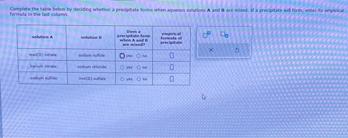  Complete the table below by deciding whether a precipitate forms when