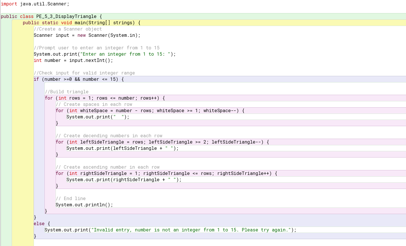 integer from 1 to 15 and displays a triangle, as presented in