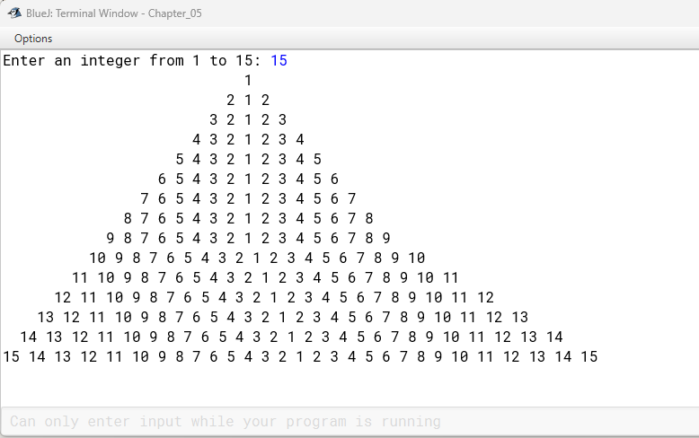 the following sample run (inverted triangle). I have the code, kind of,