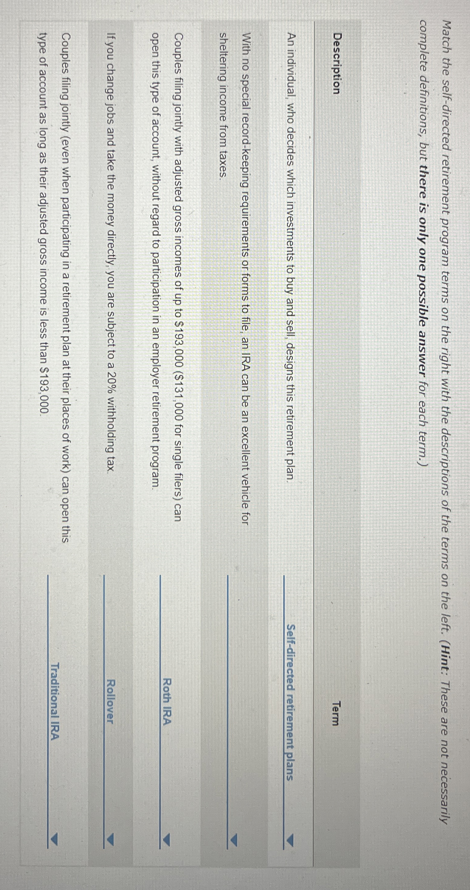  Match the self-directed retirement program terms on the right with the