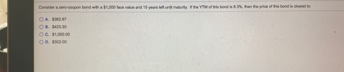  Consider a zero-coupon bond with a $1,000 face value and 15