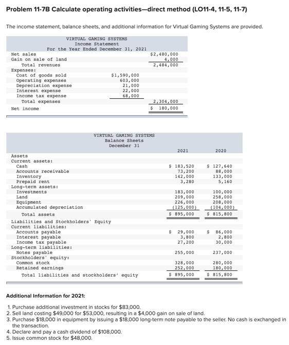  Problem 11-7B Calculate operating activities-direct method (LO11-4, 11-5, 11-7) The income