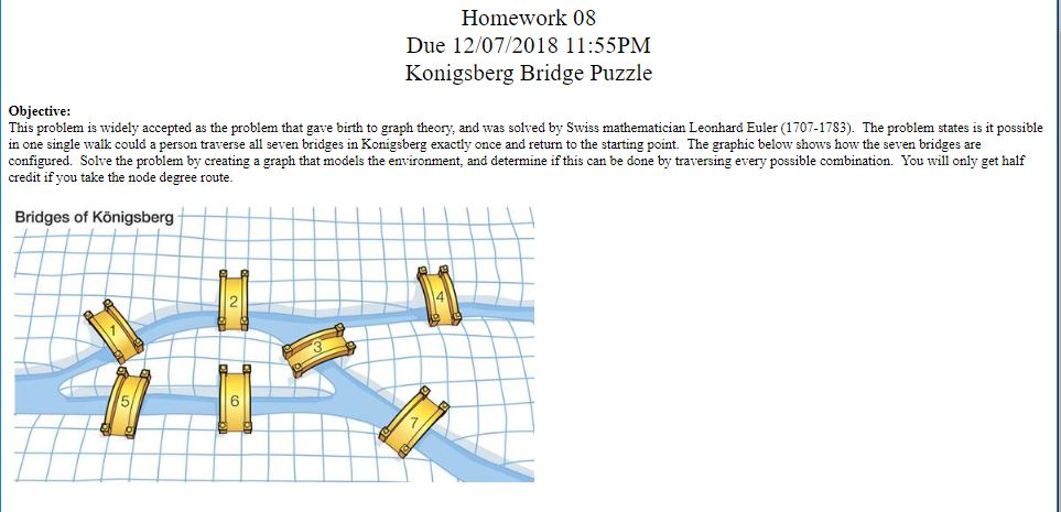  Please do in JAVA Homework 08 Due 12/07/2018 11:55PM Konigsberg Bridge