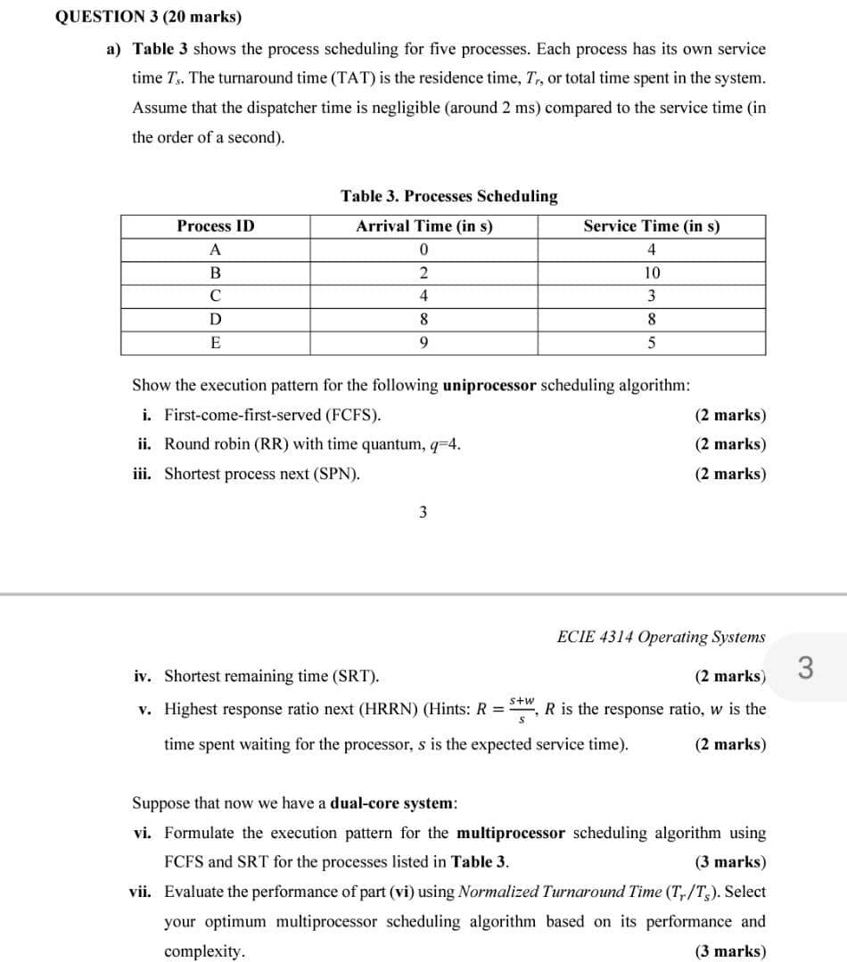 QUESTION 3 (20 marks) a) Table 3 shows the process scheduling
