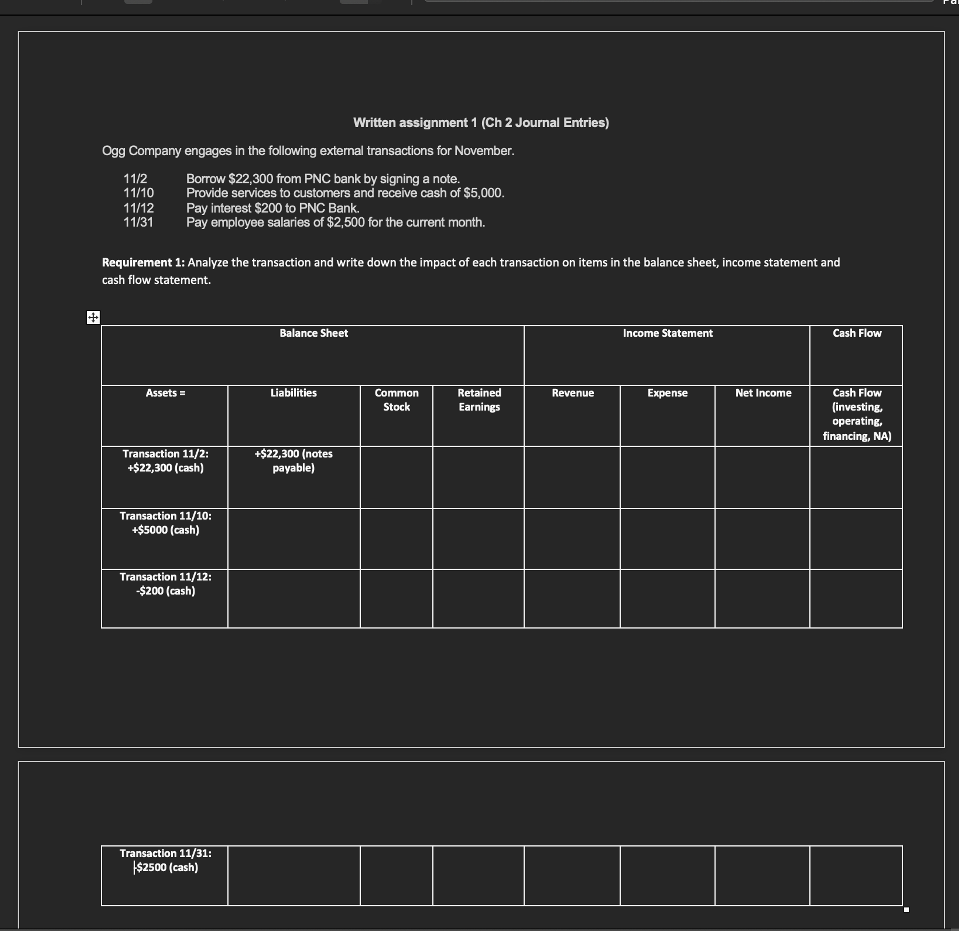  Written assignment 1(Ch 2 Journal Entries) Ogg Company engages in the