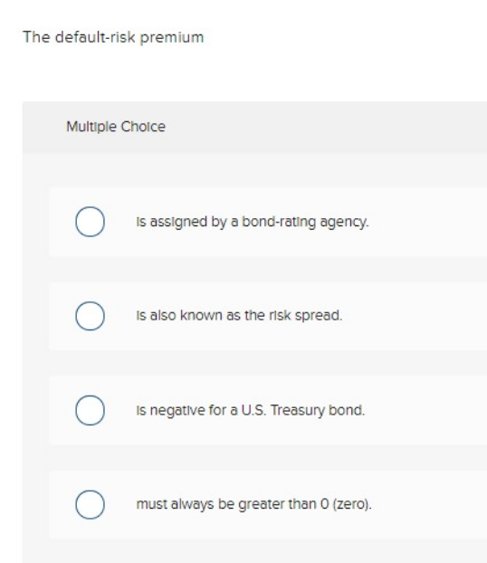 The default-risk premium Multiple Choice O is assigned by a bond-rating