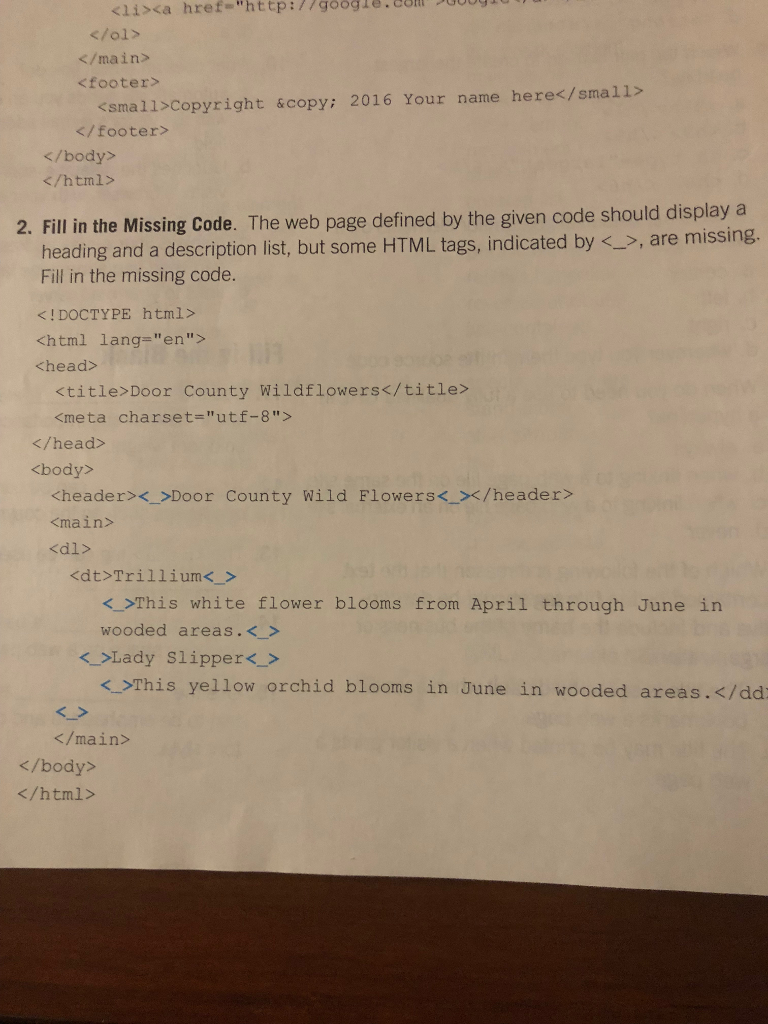 Missing HTML code lisca href-whttp7/go6g180gi Copyright &copy: 2016 Your name here 