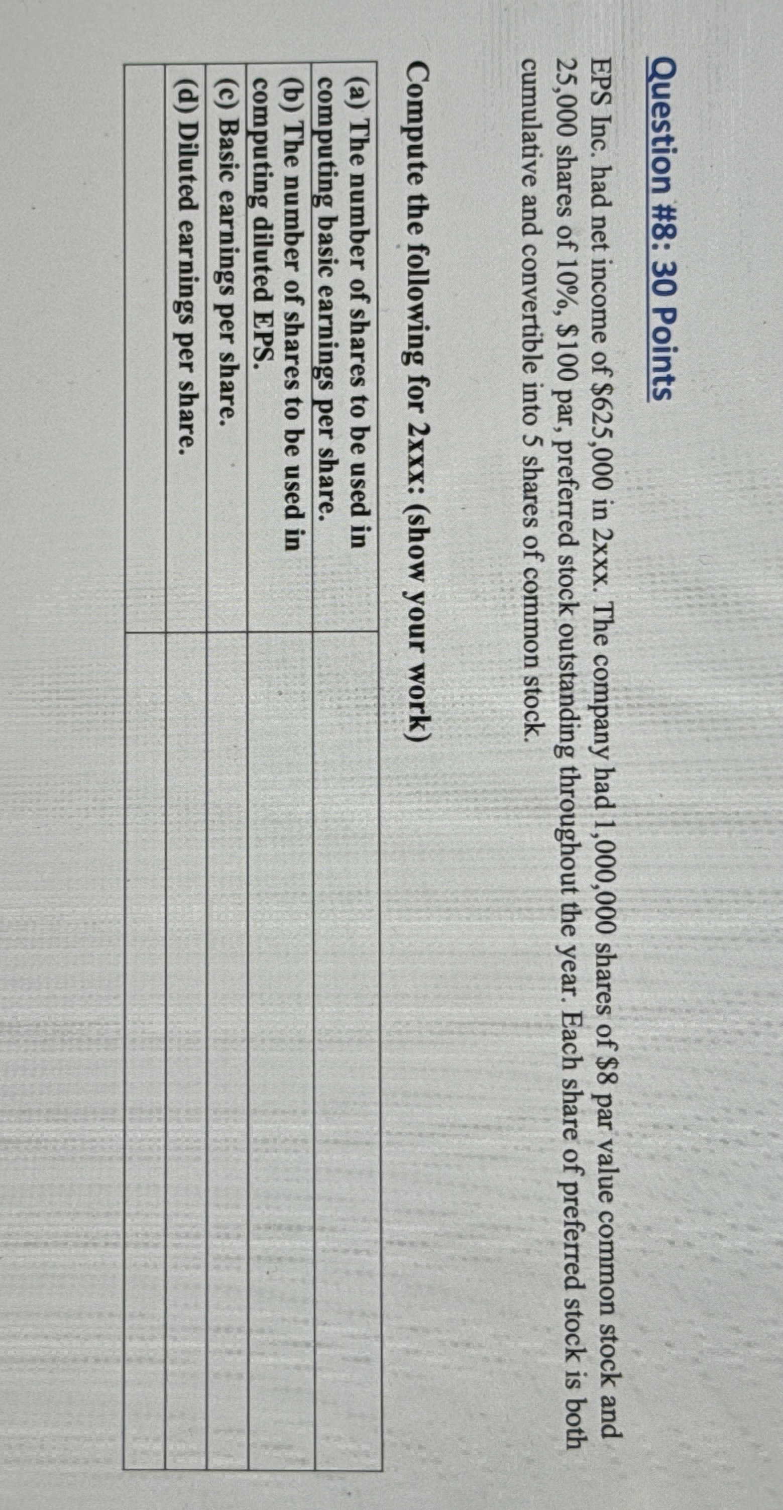  Question #8: 30 Points EPS Inc. had net income of $625,000