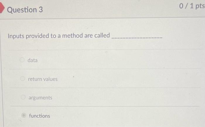 Inputs provided to a method are called data return values arguments functions