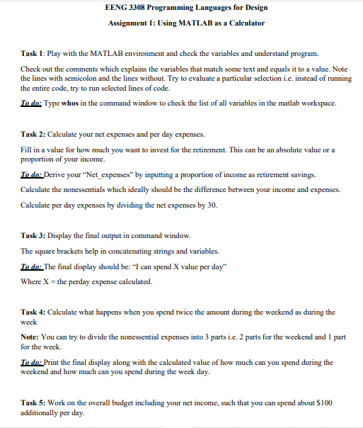 EENG 3308 Programming Languages for Design Assignment 1: Using MATLAB as