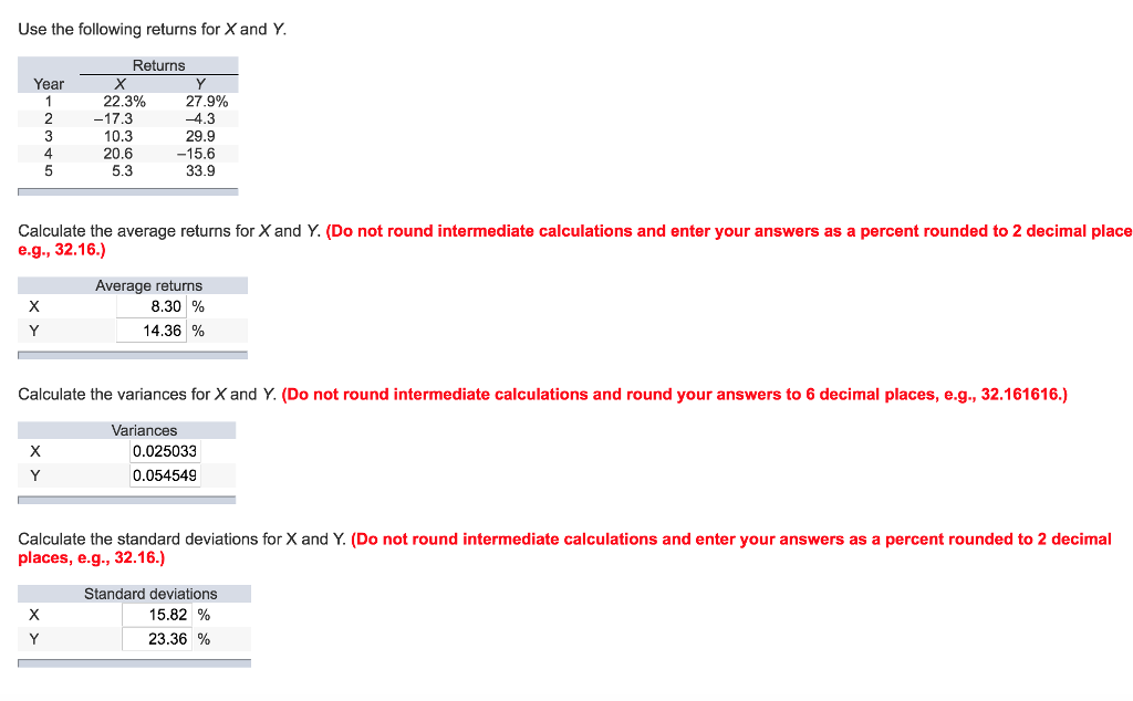 Use the following returns for X and Y Returns Year 2
