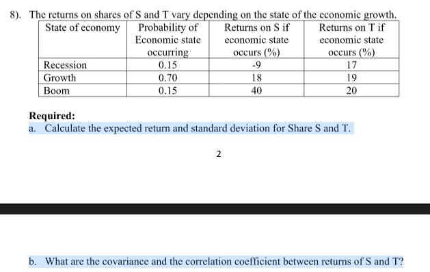 a. Calculate the expected return and standard deviation for Share S