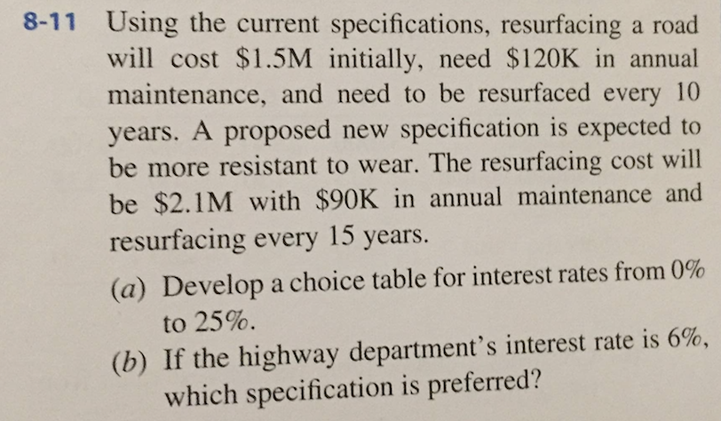 .11 Using the current specifications, resurfacing a road will cost dollar 1.5M