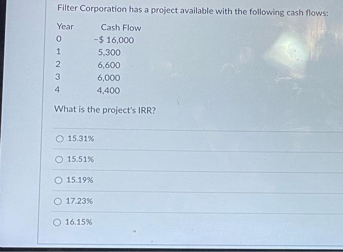 Whats the projects irr? Filter Corporation has a project available with the