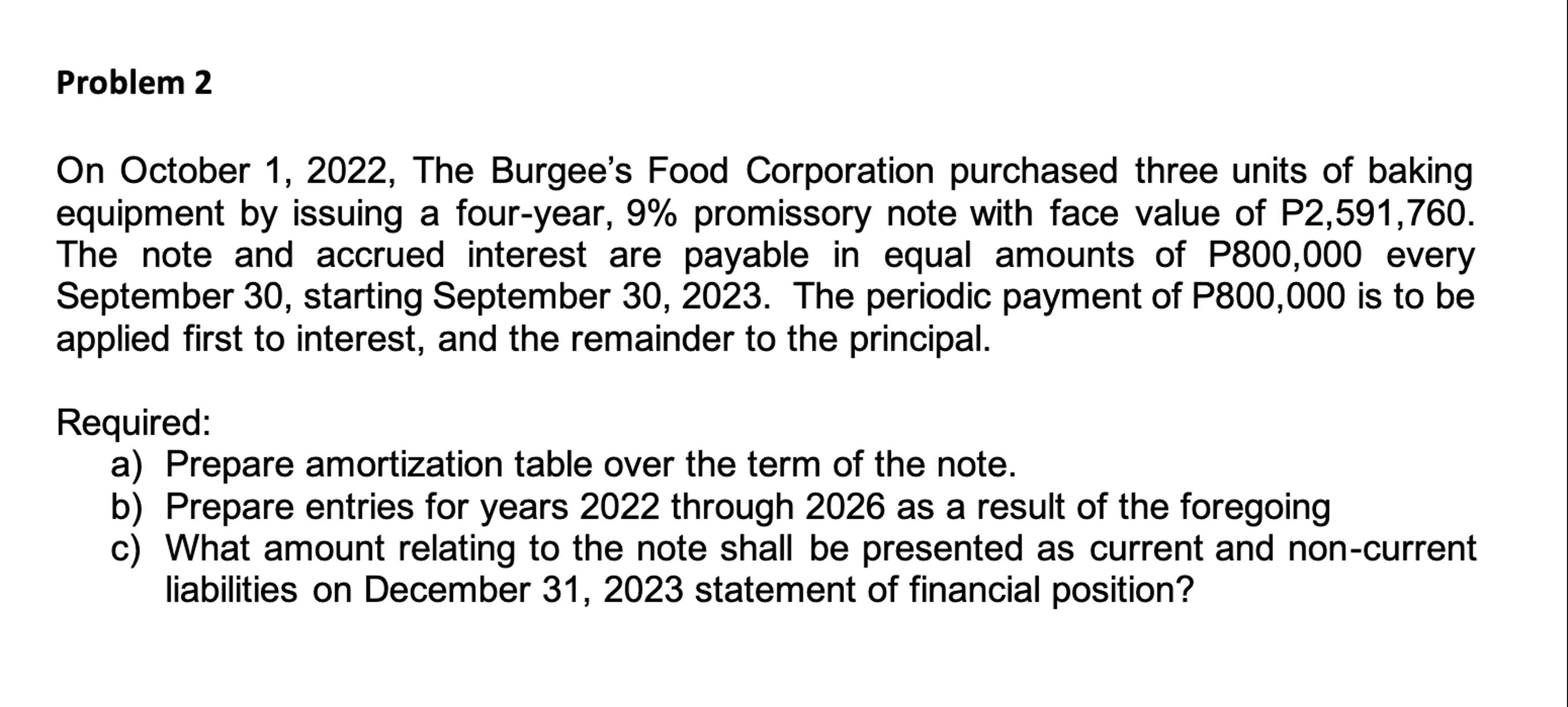  Problem 2 On October 1,2022, The Burgee's Food Corporation purchased three