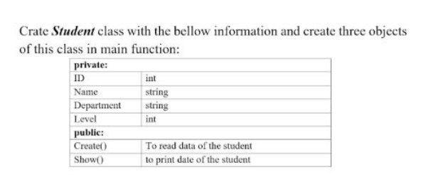 C++ Crate Student class with the bellow information and create three objects