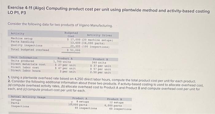  Exercise 4-11 (Algo) Computing product cost per unit using plantwide method